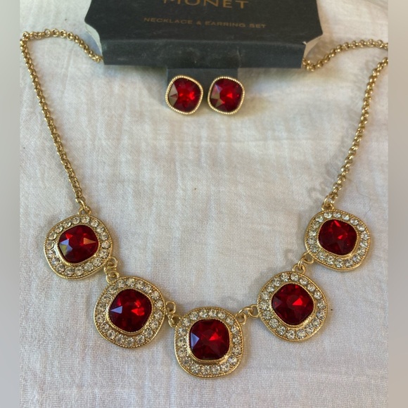 Monet Necklace‎ & Earrings Set w/ Red & Clear Crystals New - Picture 1 of 7